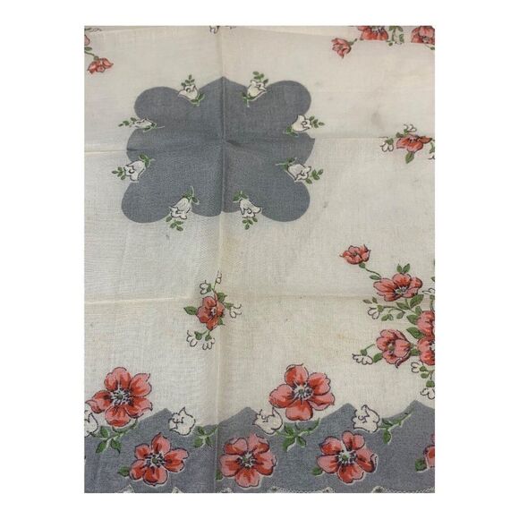 Vintage Victorian scalloped edged floral handkerchief Flowers Gray Pink Scarf - Picture 3 of 4